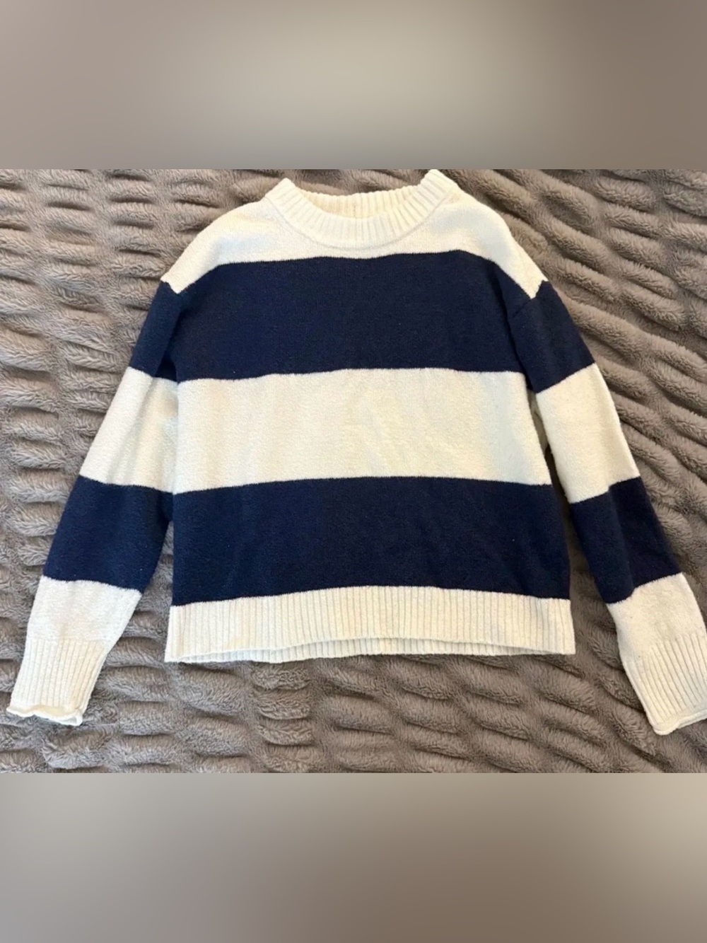 American Eagle Outfitters Navy and White Wide-Striped Crewneck Sweater